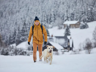 a man with a dog walking through snow