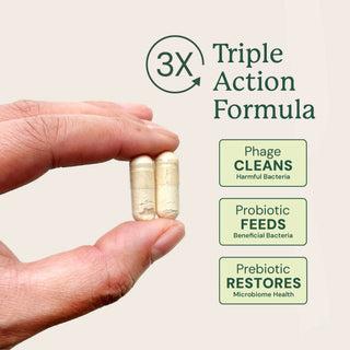 hand holding two dog supplement capsules highlighting its triple action formula benefits