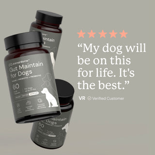 Dog supplement bottles with a five-star rating and customer review