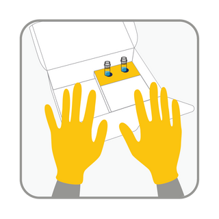 Line-art illustration of yellow-gloved hands opening a dog gut health test kit with two sample vials