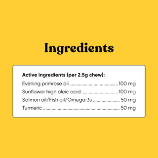 Embark Allergy supplement active ingredients per 2.5g chew: Evening Primrose Oil, Sunflower High Oleic Acid, Salmon Oil, and Turmeric.