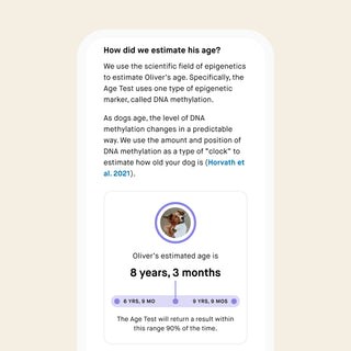 Embark Dog Age Test app screen showing Oliver's estimated age with a DNA methylation confidence range indicator