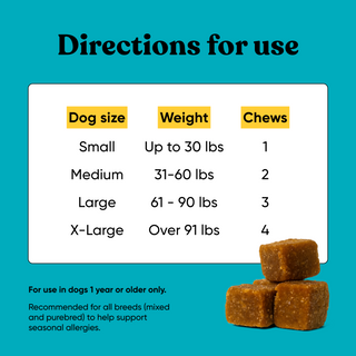 Embark Allergy chew dosing chart by dog size: 1 chew for small, 2 for medium, 3 for large, and 4 for X-large dogs.