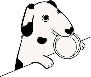 black and white dog holding a bowl