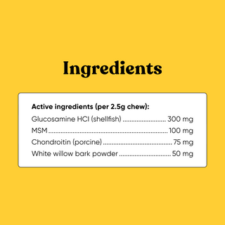 Dog supplement ingredients panel listing Glucosamine HCI, MSM, Chondroitin, and White Willow Bark Powder per 2.5g chew.