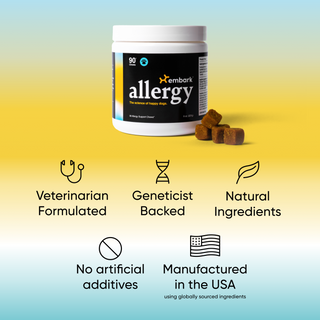 Embark Allergy supplement chew tub with 90 chews, veterinarian formulated, geneticist backed, natural ingredients, no artificial additives, made in the USA.