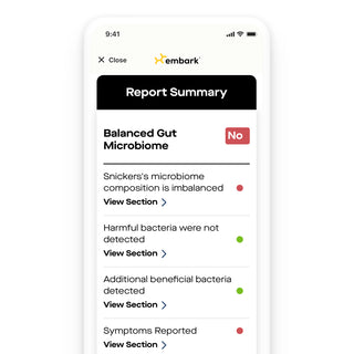 Embark app Report Summary screen showing dog gut health test results, with Balanced Gut Microbiome marked No