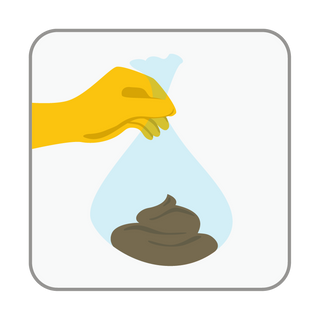 A simple icon-style illustration of a yellow hand holding a translucent light-blue bag over a brown poop-shaped object, inside a rounded white square with a gray border.