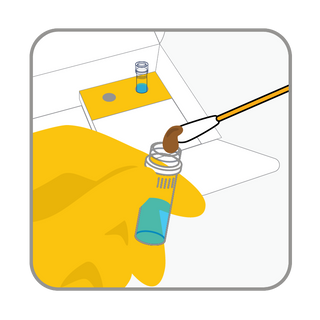 Line-art illustration of a gloved hand transferring a stool sample from a swab into a dog gut health test vial