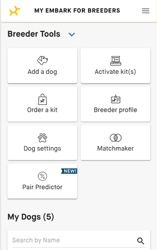 A screenshot of a digital app interface titled 'MY EMBARK FOR BREEDERS' showing a grid of service buttons such as 'Add a dog', 'Activate kit(s)', 'Order a kit', 'Breeder profile', 'Dog settings', 'Matchmaker', and 'Pair Predictor'.