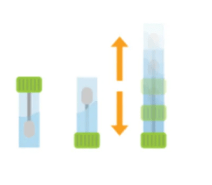 Flat illustration of a capped dog DNA test tube being shaken up and down to mix the cheek swab sample