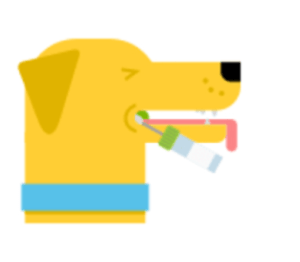 Flat illustration of a cheek swab collecting a DNA sample from inside a yellow dog's cheek