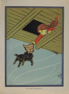 Dorothy catches Toto by the ear when he falls out of the house during the tornado.